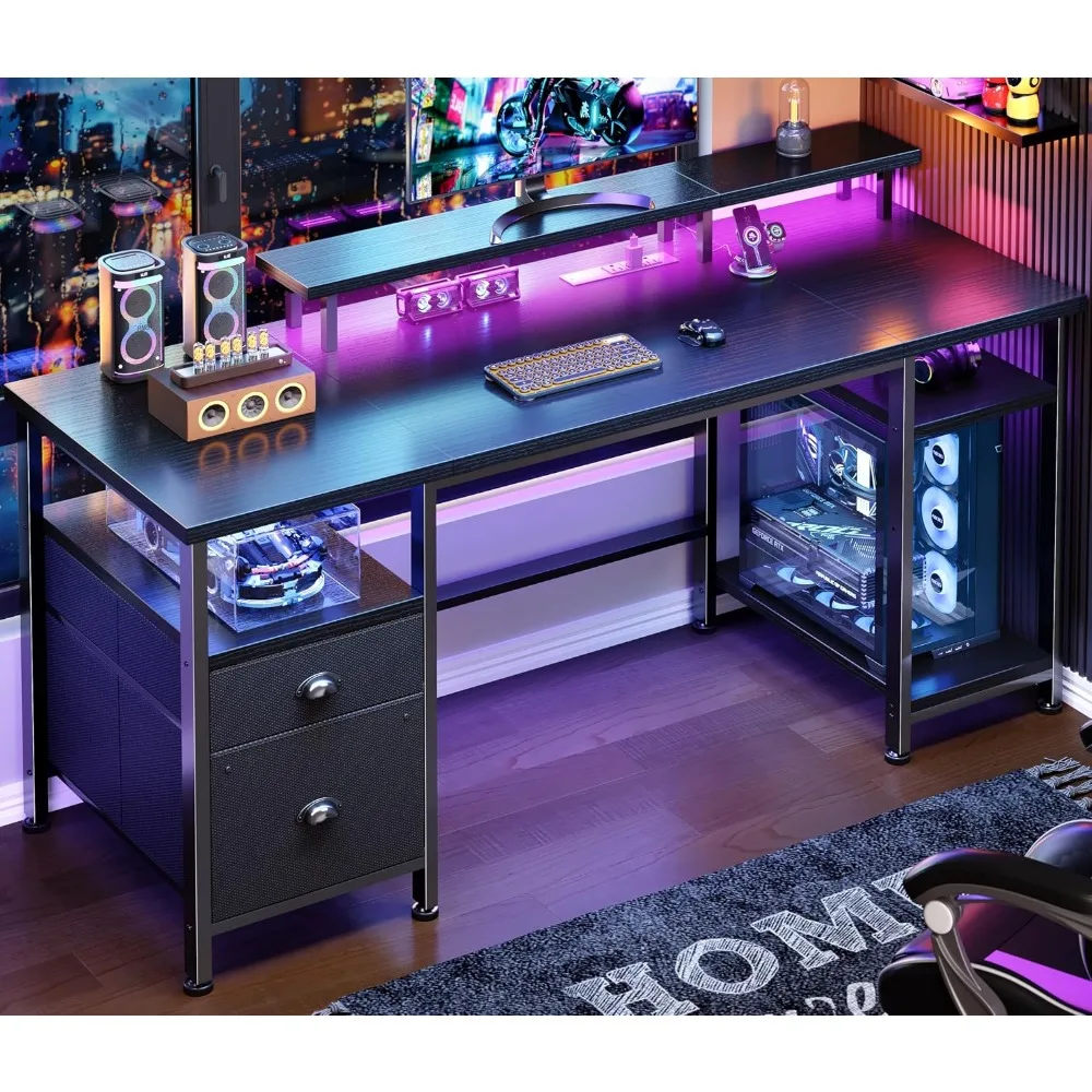 Gaming Desk 51" With Power Outlets, LED Lights, Reversible, Storage, Monitor Stand, Black