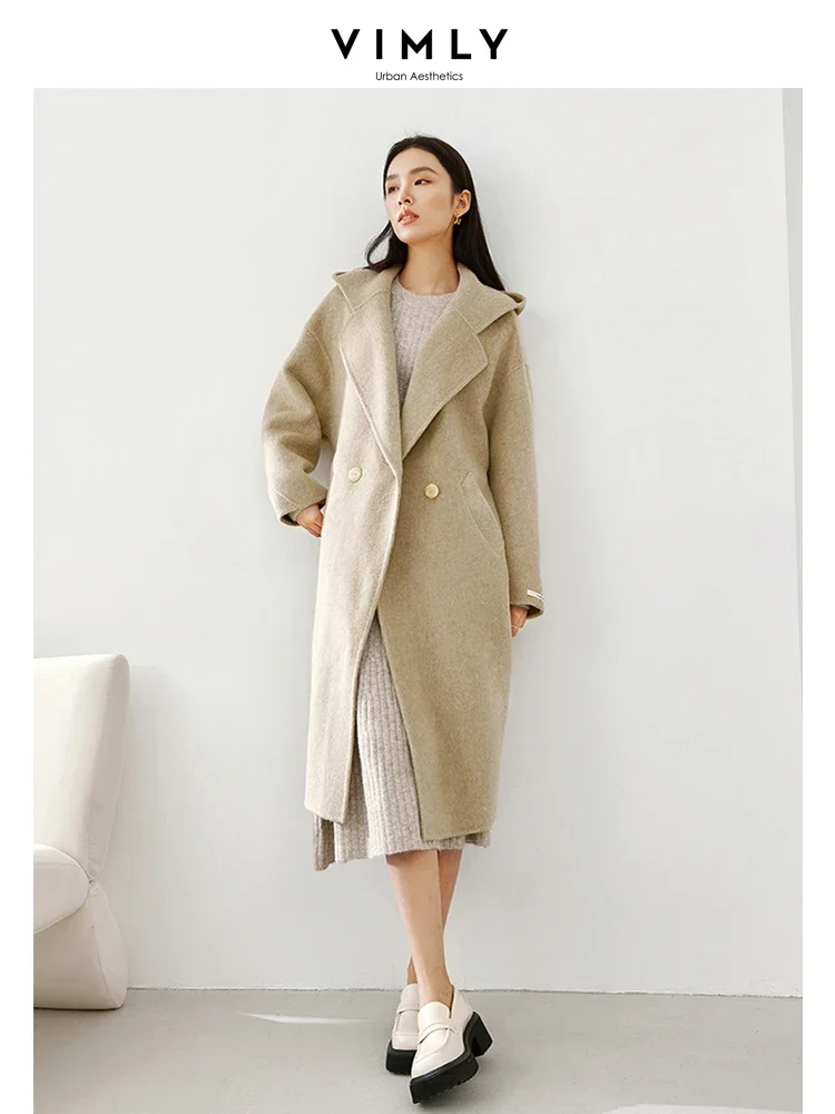 Vimly Khaki Long Wool & Blends Coats 2023 Winter Thick Warm Hooded Double Breasted Jacket Women Elegant Overcoat Female 50760