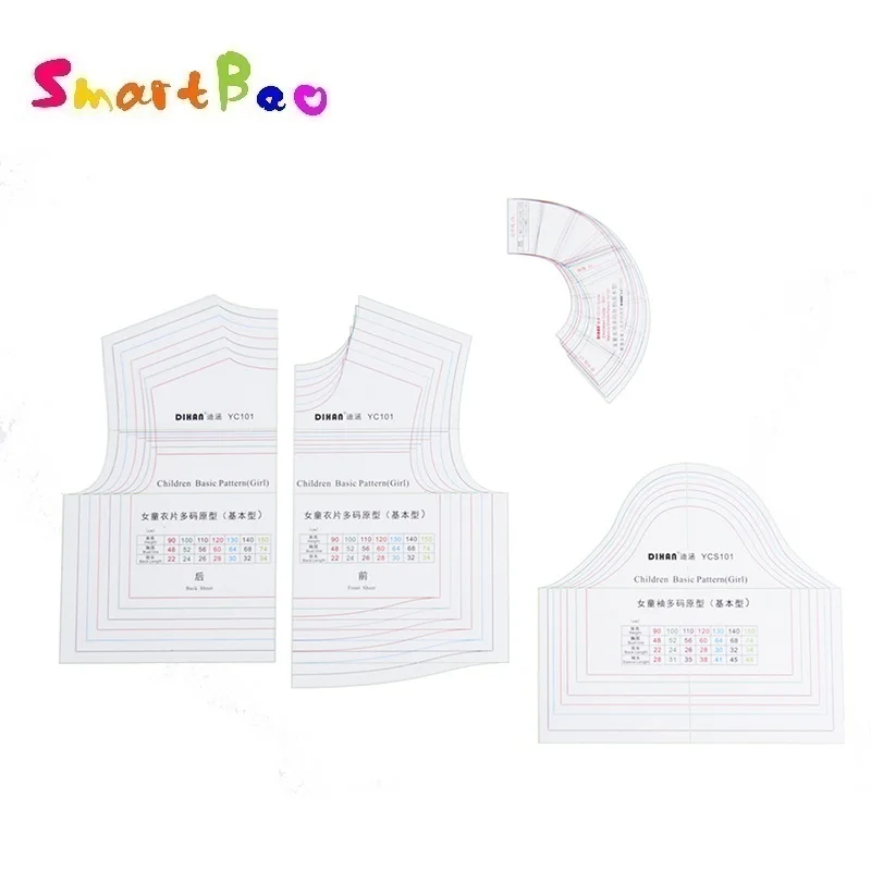 Multi-size Girls\' Shirt Pattern Template with Sleeve and Collar Measurements Children\'s Clothing Design Ruler