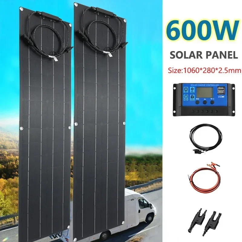 600W 300W Solar Panel Kit 18V ETFE Flexible Monocrystalline Solar Cell Power Charger for Camping Yacht Motorhome Car RV Boat