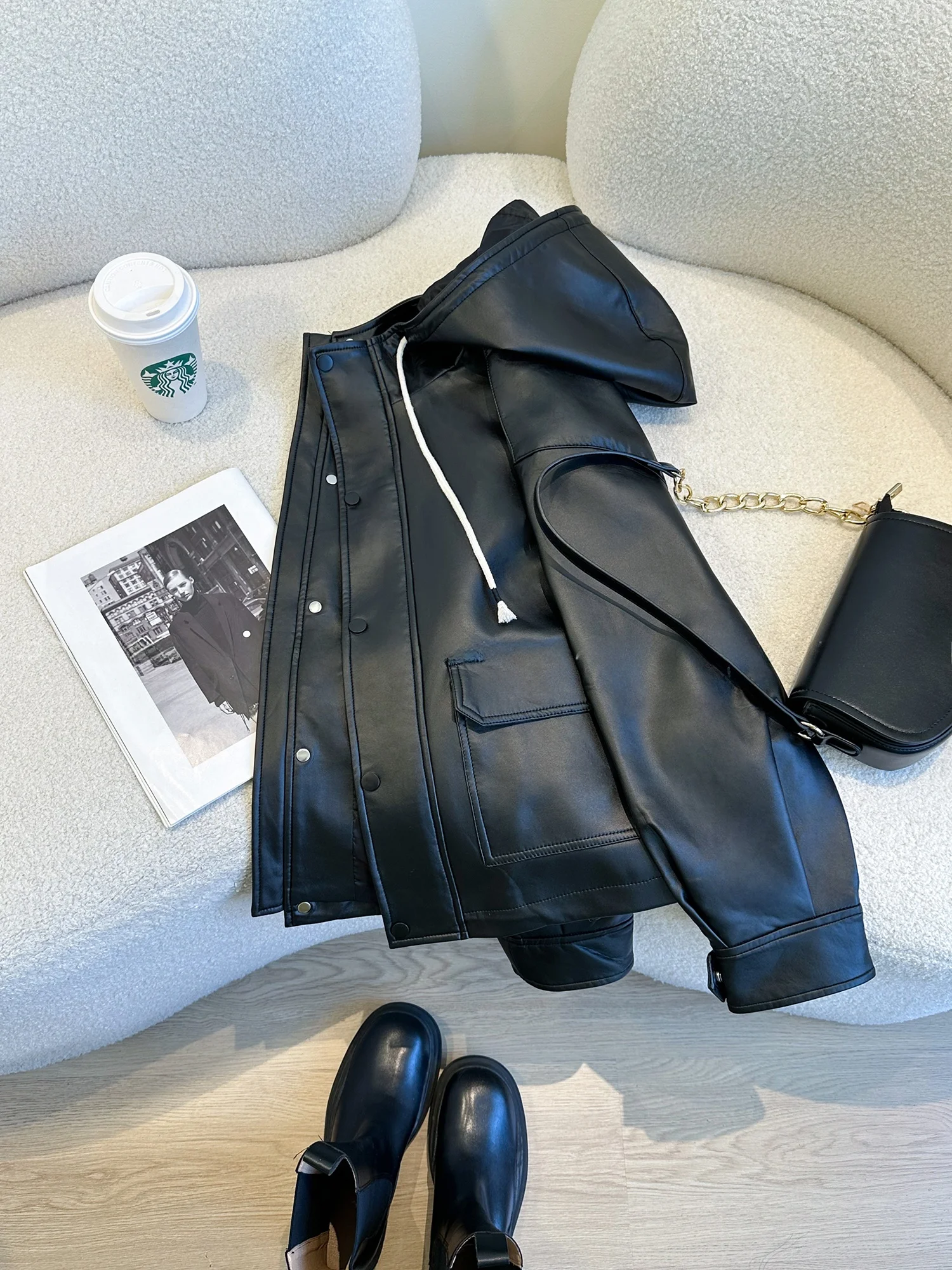 Black Hooded PU Leather Jacket Women's Fashionable Stylish Autumn Wear Korean Style Versatile High-End Feel Outerwear
