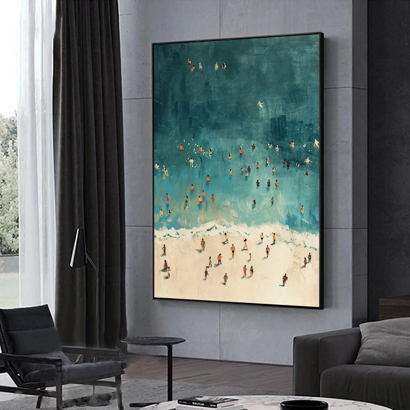 الصيف البحر السباحة المراكب الشراعية الساحلية الغروب الوردي مظلة الشاطئ اللوحة على قماش طباعة المشارك المناظر البحرية جدار ديكور المنزل كوادروس