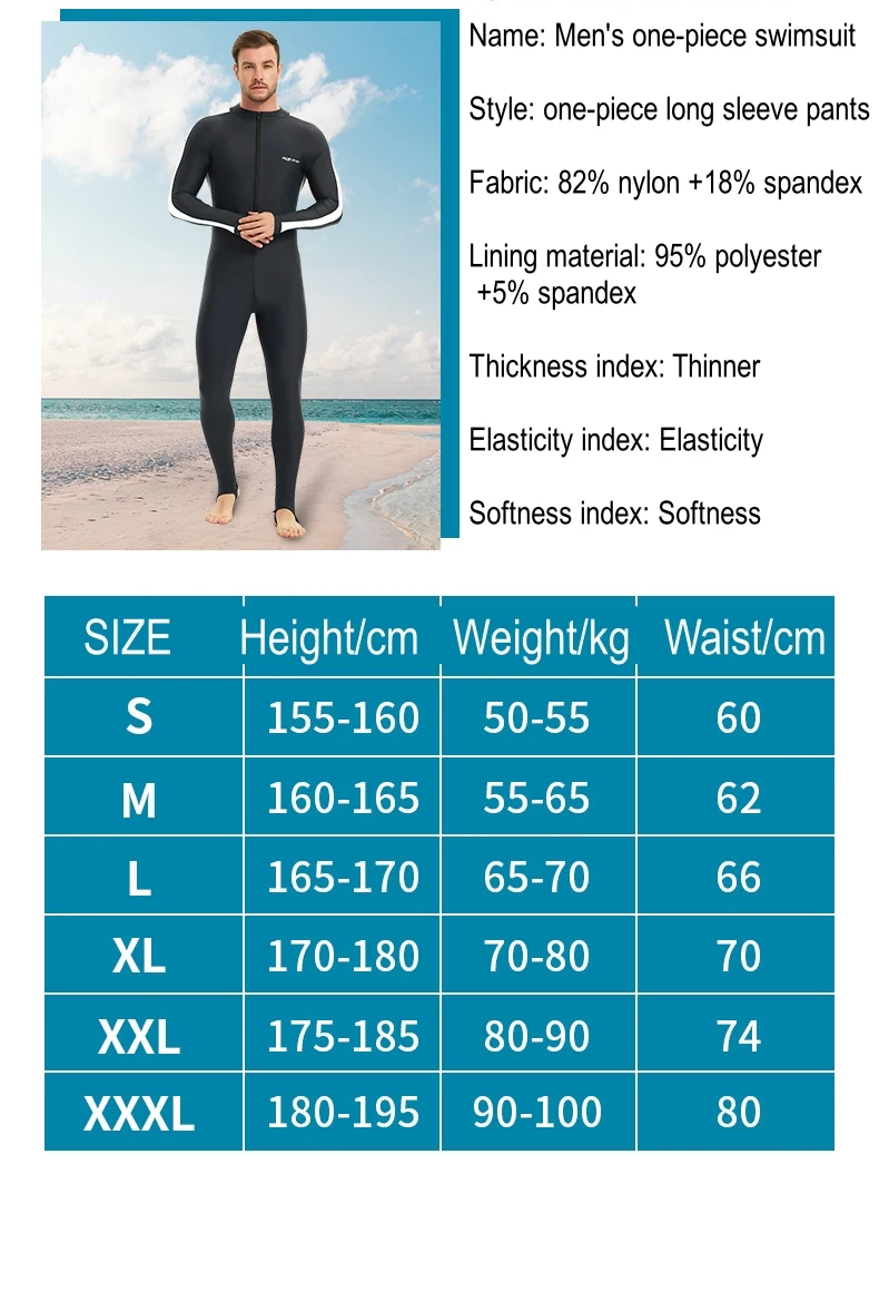 Men UPF 50+ Lycra Long Sleeve Sunscreen WaterProof Surfing Diving Suit One Piece Quick-Drying Beach Rash Guard Bathing SwimWear