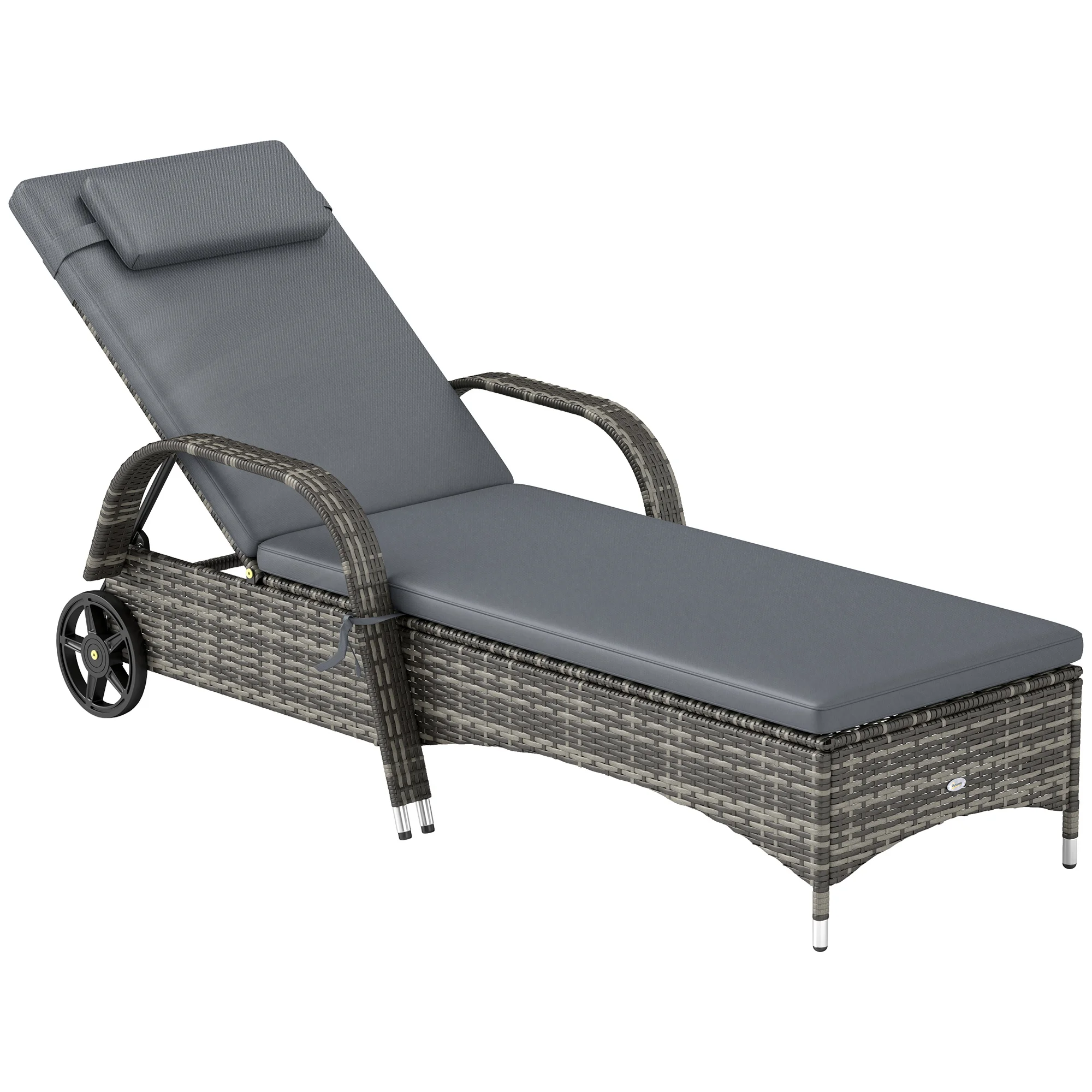 Outdoor Reclining Sofa, Cushion, Armrests, Headrest, PE Rattan, Rolling, Grey