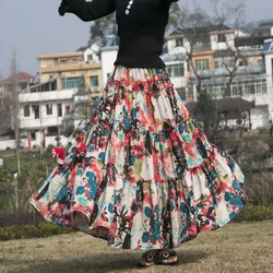 TIYIHAILEY Long Maxi A-line Elastic Waist Women Summer Spring S-2XL Cotton Linen Print Big Hem Vintage Skirts 2025