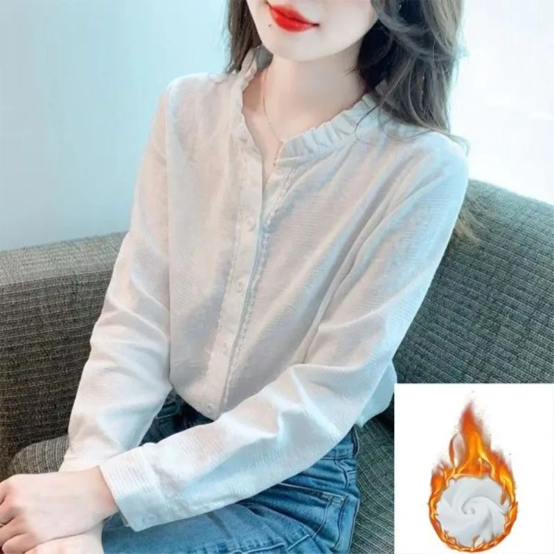 

Весенне-осенняя женская рубашка с воротником-стойкой и длинными рукавами, новая однотонная лоскутная рубашка с базовым слоем, универсальный повседневный топ TT136