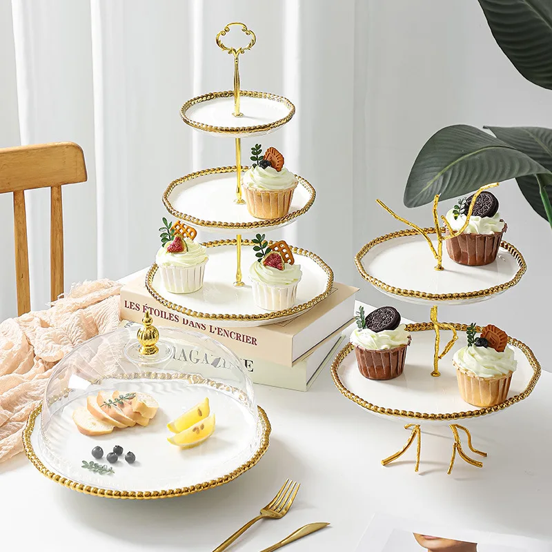 Gilded Ceramic Fruit Plate Living Room Fruit Candy Dessert Plate Metal Afternoon Tea Snack Rack Jewelry Cosmetics Storage Tray