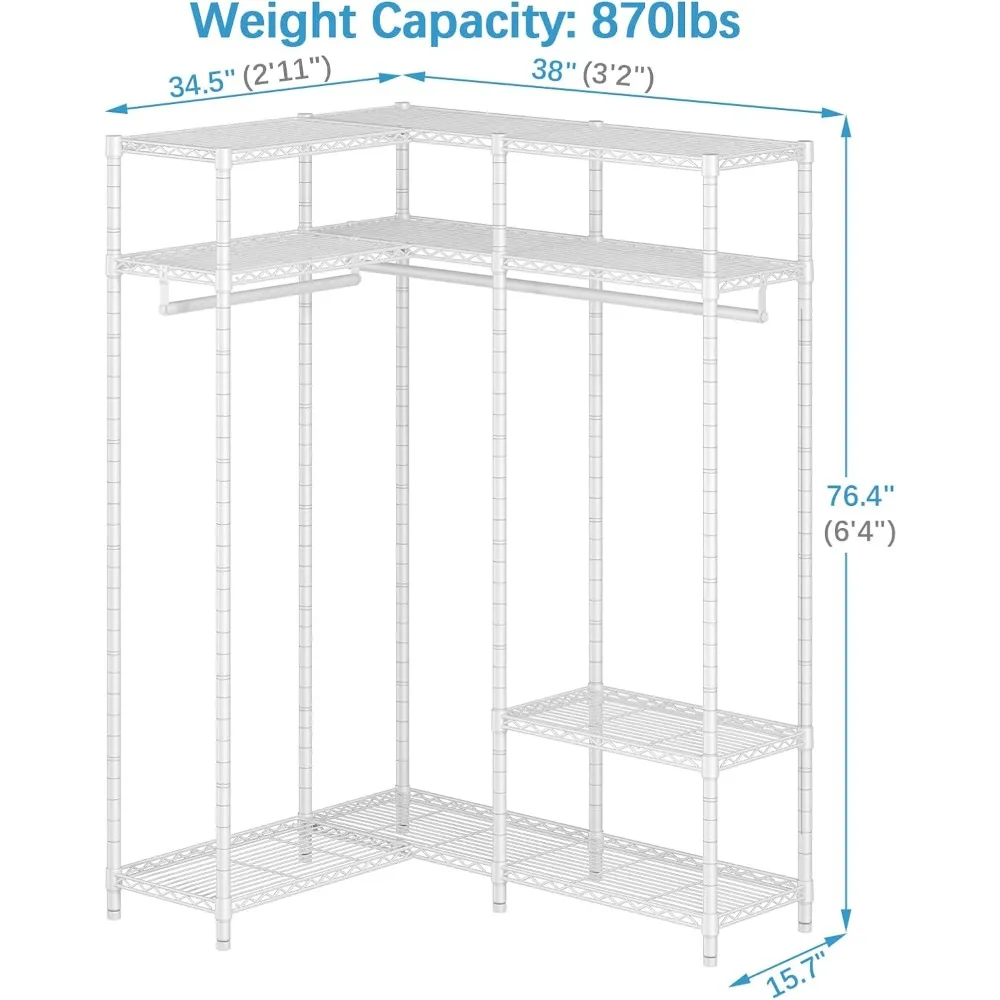 L30 Corner Clothes Rack, L Shaped Heavy Duty Closet System with Adjustable Shelves & Hanging Rods, Freestanding Corner Wardrobe