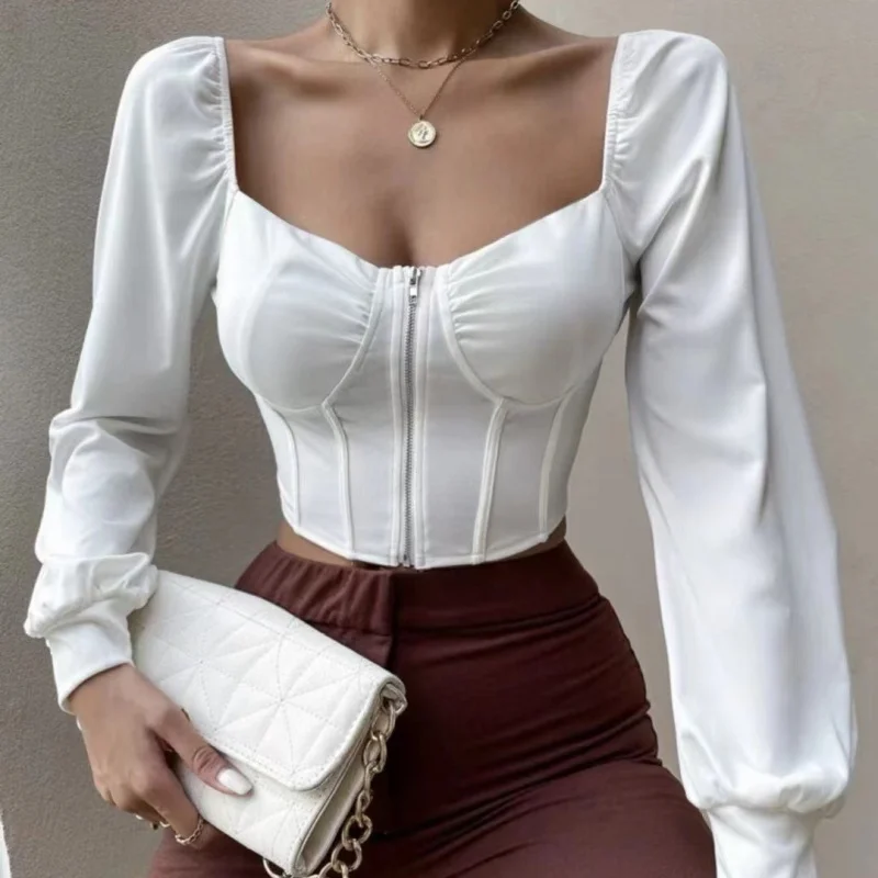 2025Spring and Autumn Retro Girl Zipper Exposed Collarbone Puff Long Sleeve Shirt Women's Stylish Short TopCrop top