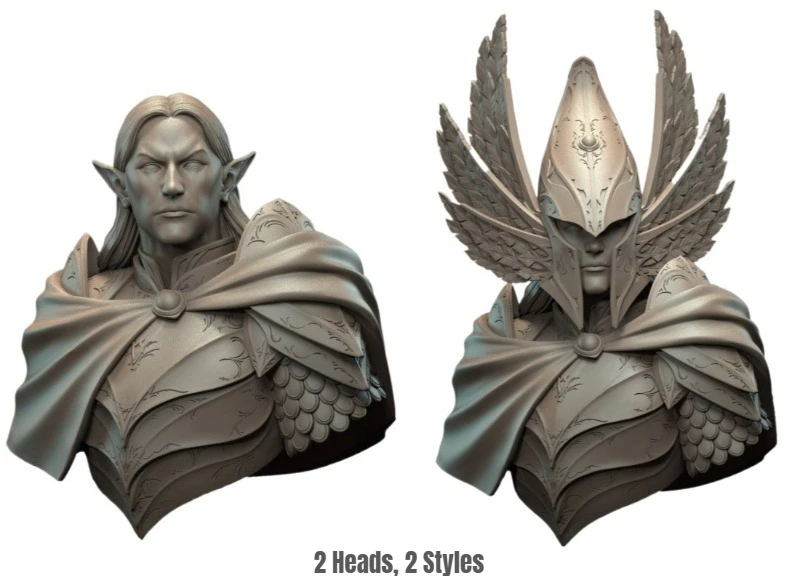 1/12 Scale 81mm Height Die-Cast Resin Bust Model Kit Elven Warrior Statue with 2 Heads Unassembled and Unpainted