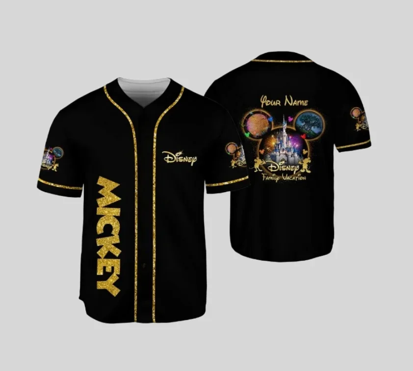 

2025 Disney Mickey Ski Baseball Jacket Short Sleeve T-shirt Sports and Leisure Style Men's and Women's Summer Breathable Top