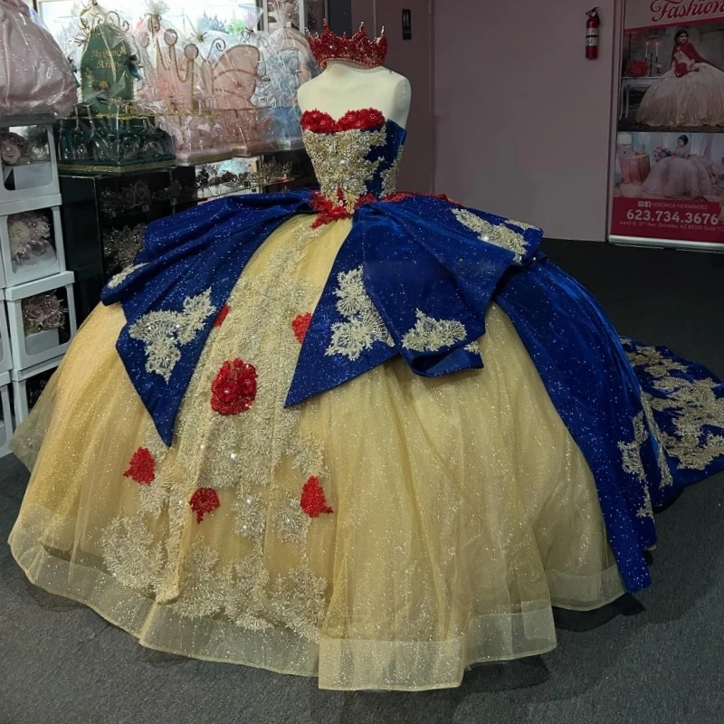 

Королевское синее золото, блестящие платья Quinceanera с открытыми плечами, аппликация, кружево, бусины, бант, корсет, тюлевое платье для вечеринки, дня рождения, сладкое 16.