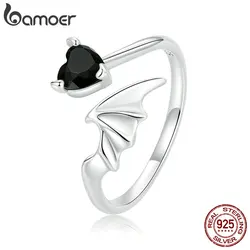 Bamoer Black Heart Zircon Open Ring 925 Sterling Silver Unique Bat Wings Design Adjustable Ring Women Girl Fine Jewelry ﻿ ﻿