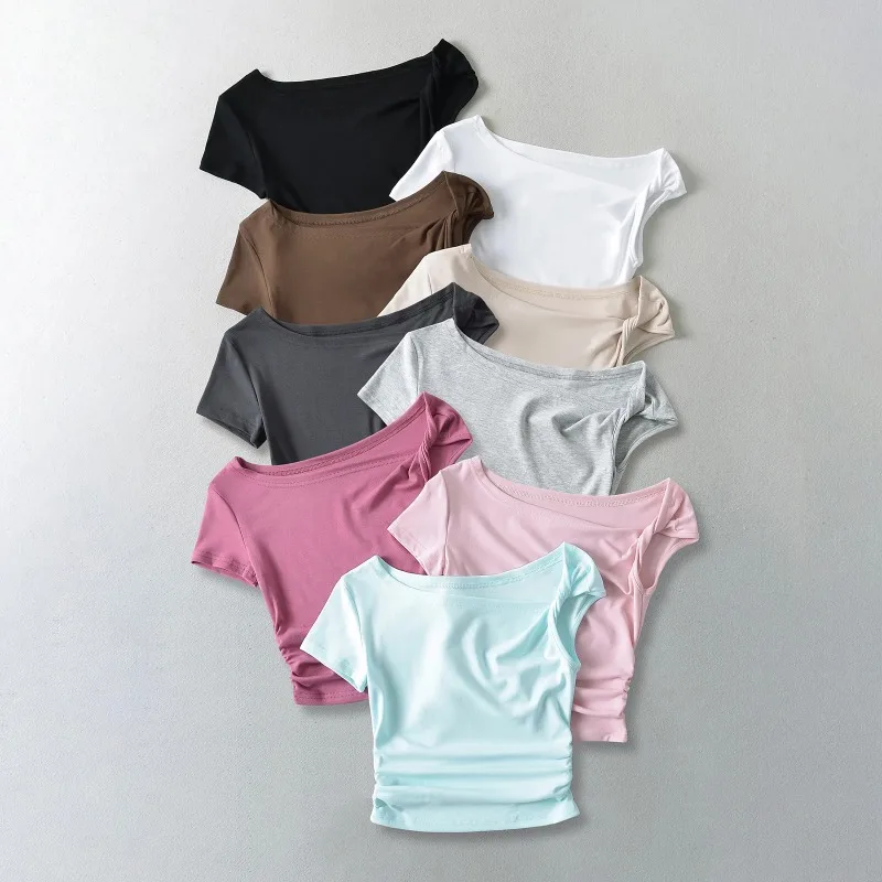 

Pleated Summer New Solid Women Y2k Crop Top Short Sleeve Tops Sexy Pullover Bottoming Blouses T-shirt