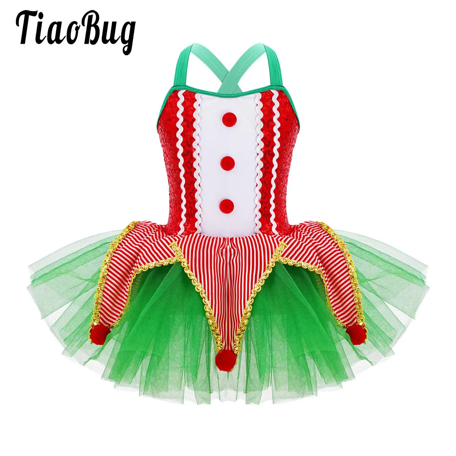 Girls Christmas Elf Dance Dress Ballet Figure Skating Performance Costume Sleeveless Sequins Tutu Pompoms Xmas Party Dresses