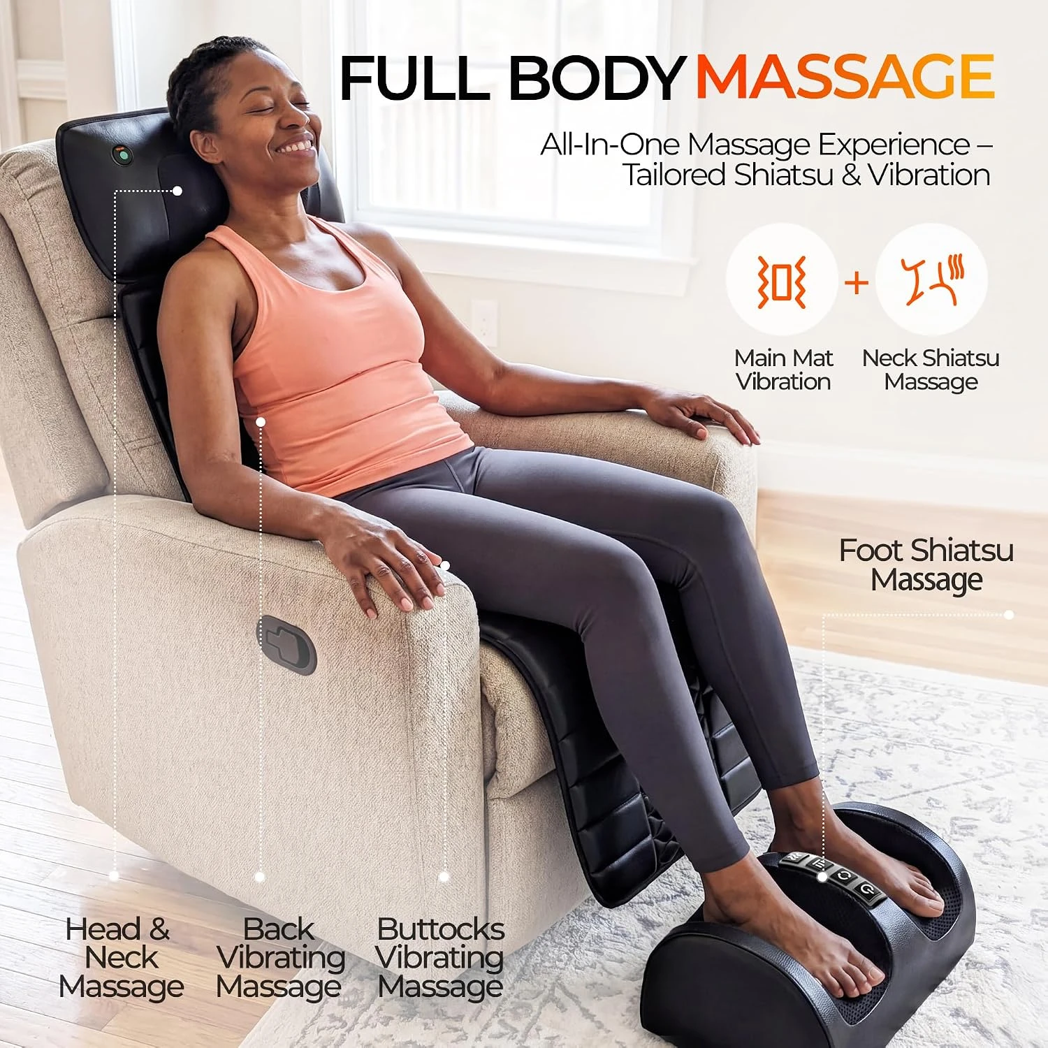 1 Set Of Large Full-body Heating Massager With Neck And Foot Device And Massage Headrest, Lumbar Mat, Timer Vibration Massager, Comfortable And Wear-resistant, Non-slip Bottom, Easy To Store, Suitable For Home And Office Take A Nap