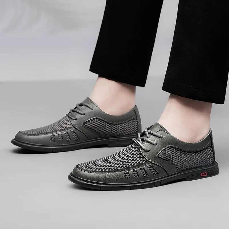 Nieuwe Zomer Mesh Ademende Heren Echte Lederen Casual Schoenen Zachte Sneakers Mocassins Heren Wandelschoenen Business Oxfords