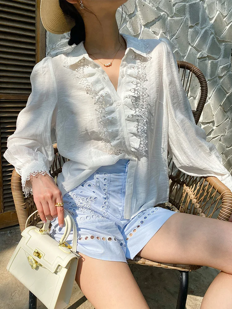 

GypsyLady French Elegant Chic Shirt Blouse Summer Spring Hemp Long Lantern Sleeve Lace Women Vocation Casual Ladies Tops New