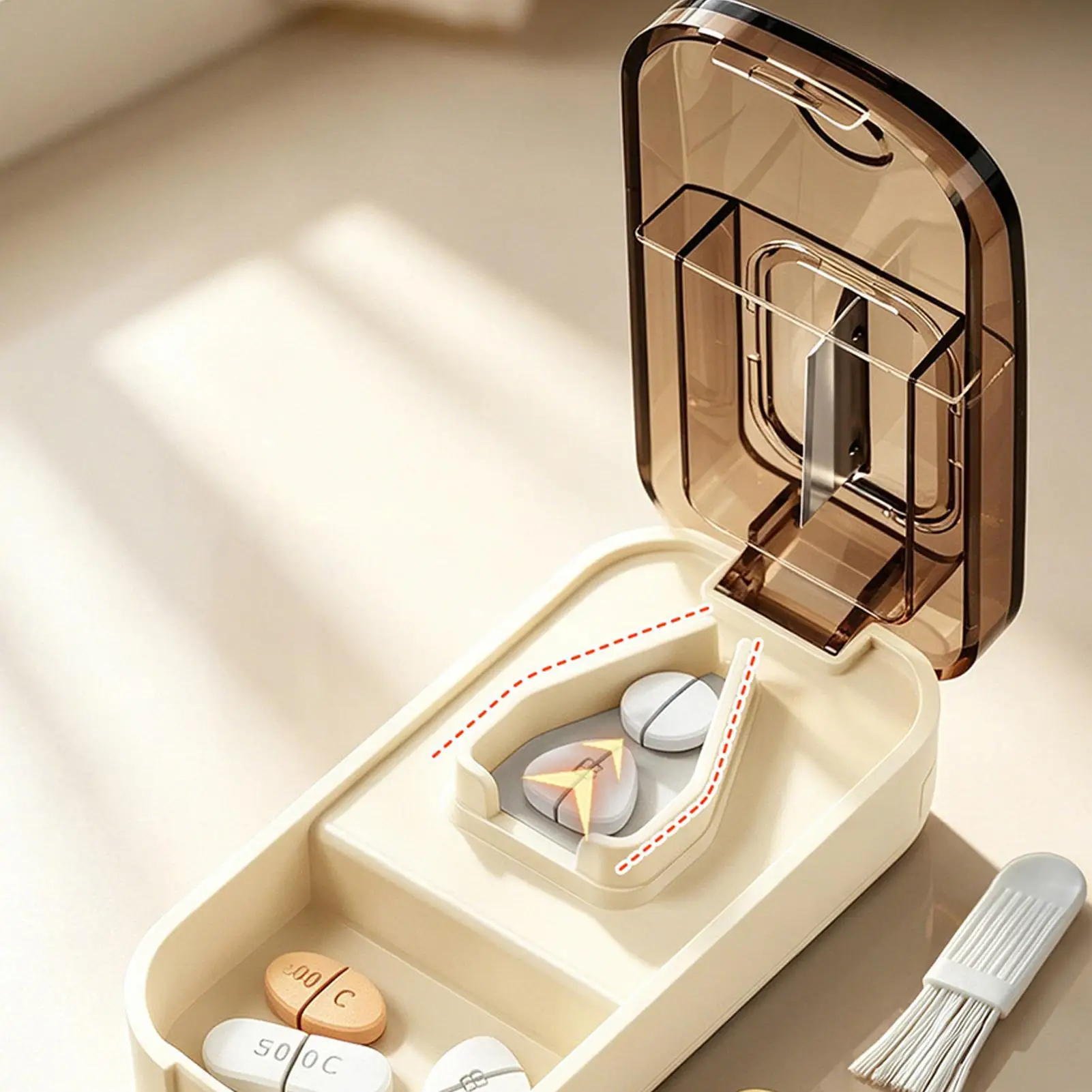 Pills Cutter Built-In Storage Tablet Crusher with Cleaning Brush V Shape Holding Slot Dog Pill Cutter for Elderly Kids Men Women