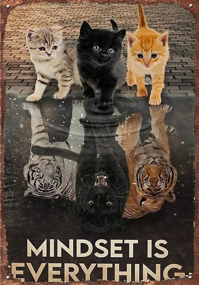 Cartel de gato vintage con carteles de hojalata retro | Mindset es todo cartel de gatos, impresión de cartel de tigre, lindo regalo para amantes, arte de pared