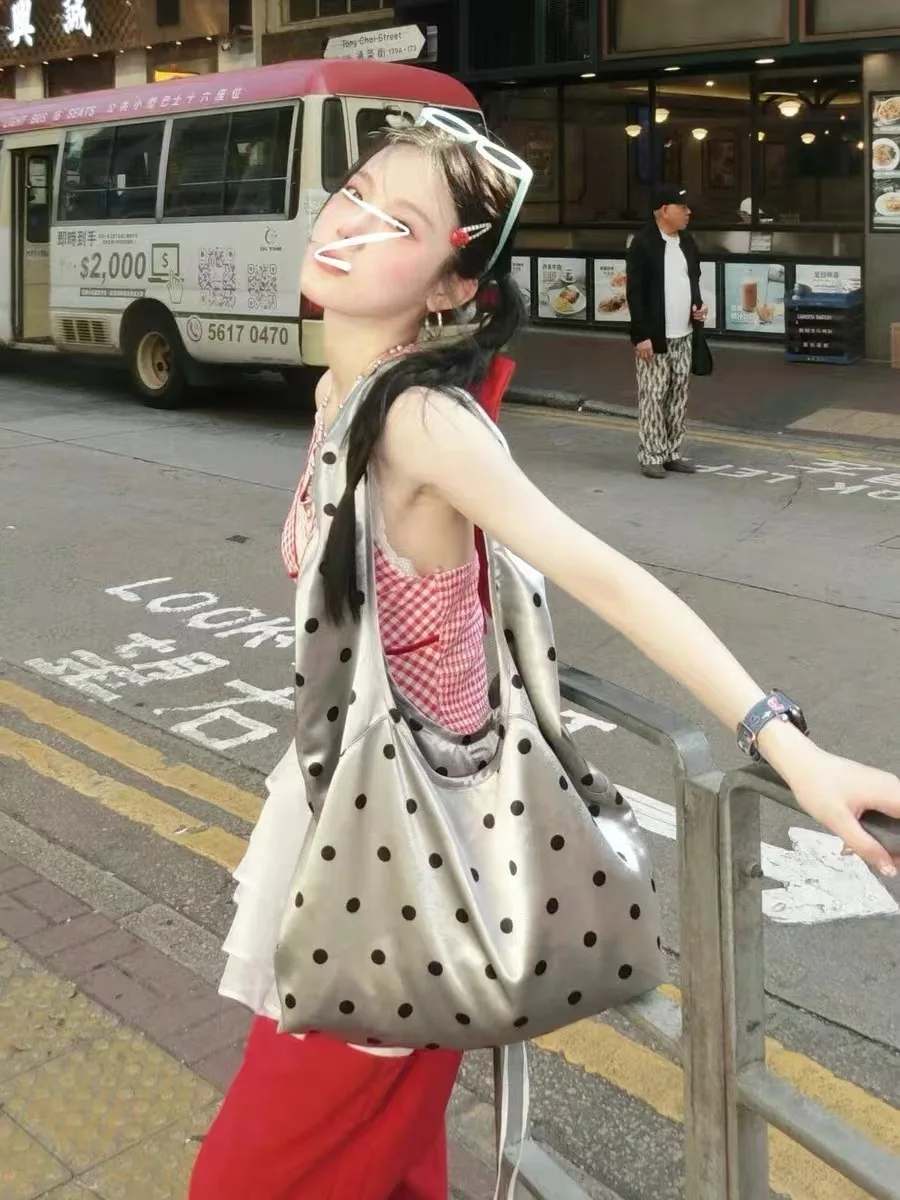 

Fashion Dot Satin Hobos Tote Shoulder Bag Soft Silver Shopper Purses and Handbags Silk Underarm Bags for Women Bag 2025 Female