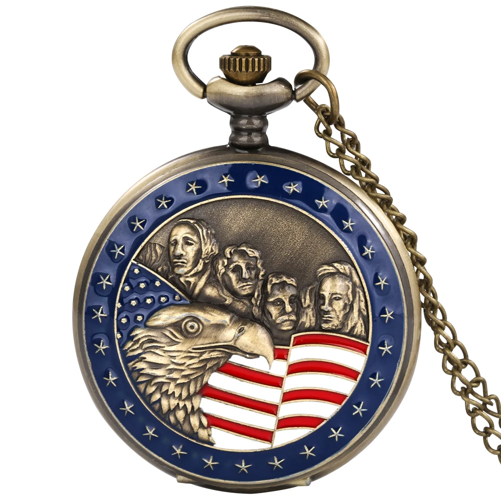 Vintage Bronze United States of America Necklace Pendant Best Collectibles Pocket Watch Cool Clock Gift for Men Male Boys