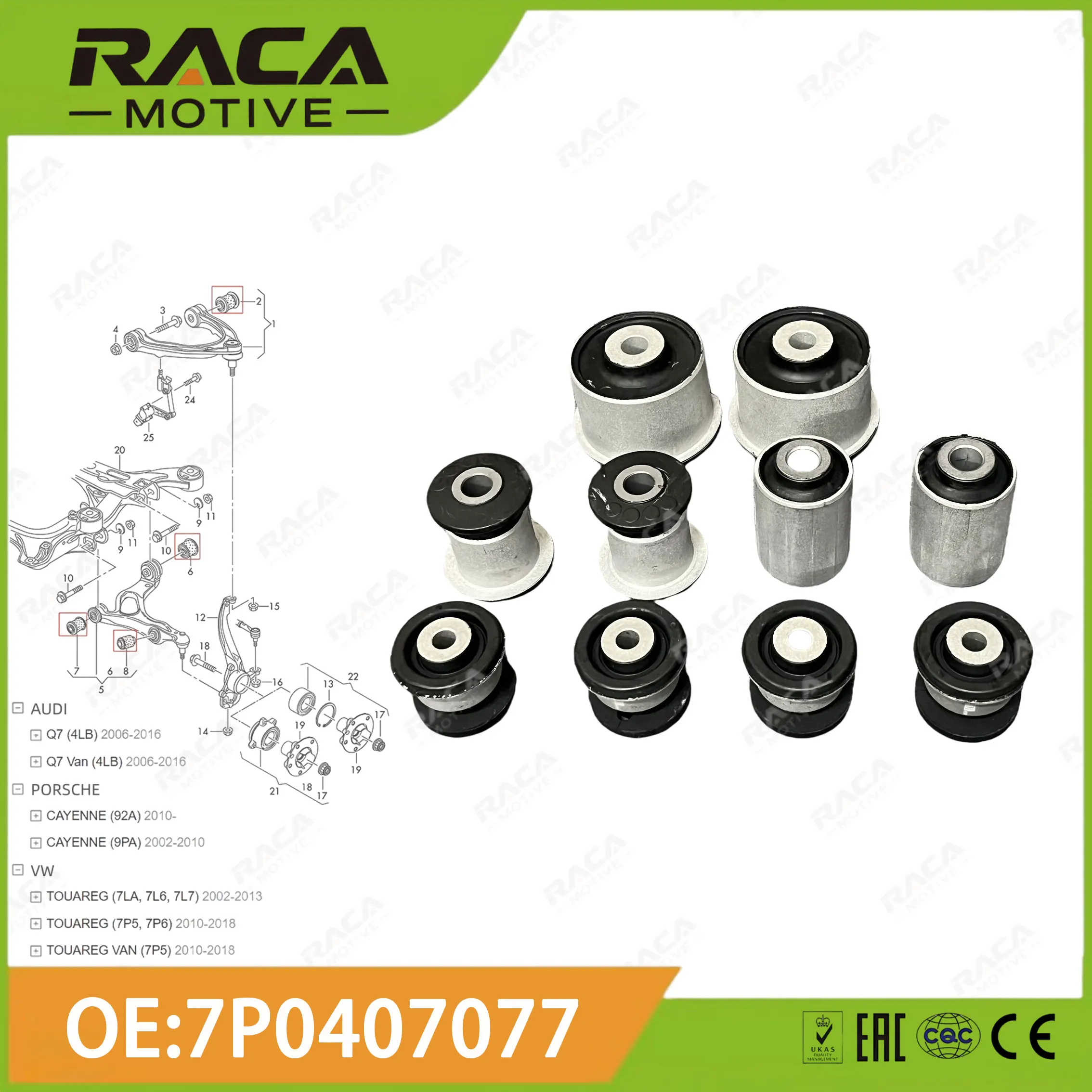 

Front Axle Control Arm/Tie Rod Bushing Set Suitable for Porsche Cayenne 92A/9Pa Audi Q7 4lb Volkswagen Touareg 7La/7L6/7L7/7P5/7P6 7P0407077 7P0407151E