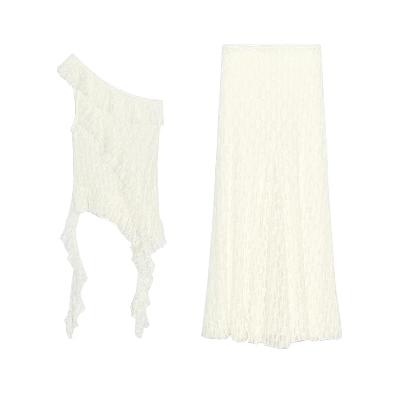 

Asymmetric Design Lace Top High Waist Semi-Transparent Simple Long Skirt Faion Set for Women Summer 2025 Collection