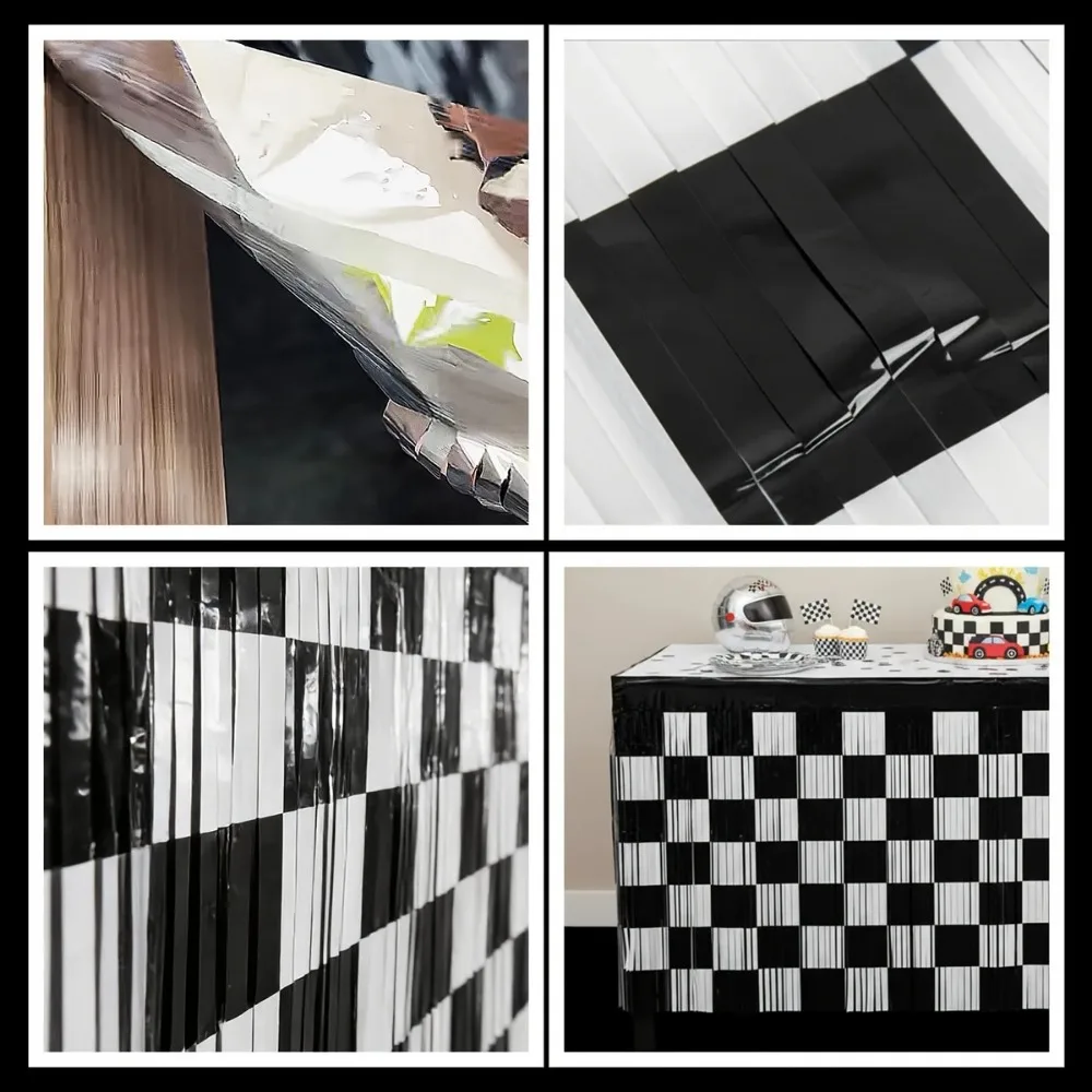 1Pc Racing Foil Fringe Curtain  29.5x108in Black White Checkered Table Runner, Race Car Party Decor for Round & Rectangle Tables