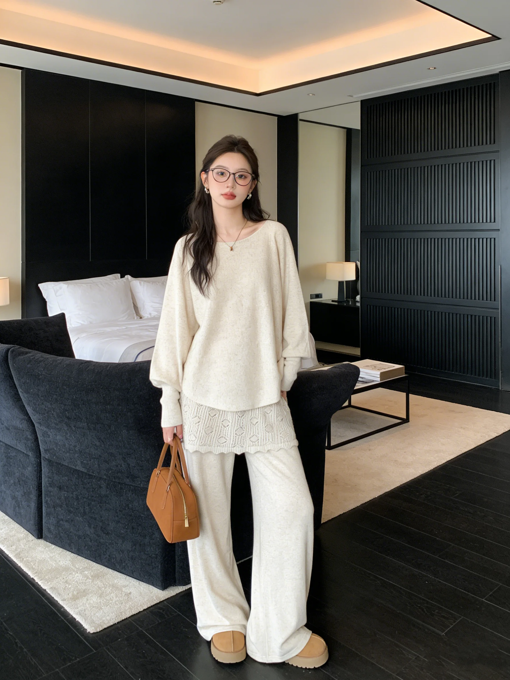 

Весенний антивозрастной вязаный комплект с рукавами «летучая мышь»: повседневный женский костюм из двух предметов с широкими брюками на высокой талии, дышащий и комфортный