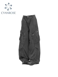 Women's Black Gothic Y2k Emo Jeans Baggy Harajuku Oversize Cargo Denim Trousers Vintage Jean Pants Japanese 2000s Style Trashy