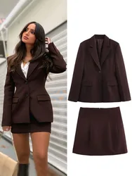 HH Female Spring Sets Brown Turn-Down Collar Long Sleeves Single Breasted Blazer+High Waist Zipper Skirt Women Fashion Suits