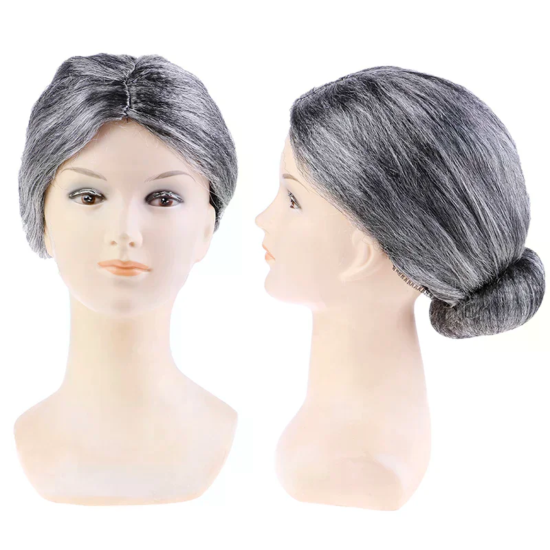 Old Lady Grandma Granny Grey Wig Bun Hair Grand Mother Fancy Dress Costume