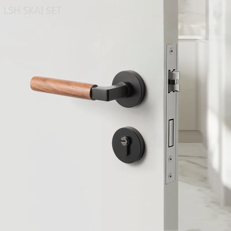 High Quality Walnut Handle Bedroom Door Lock Mute Security Door Locks Indoor Hardware Retro Mechanical Lockset with The Key