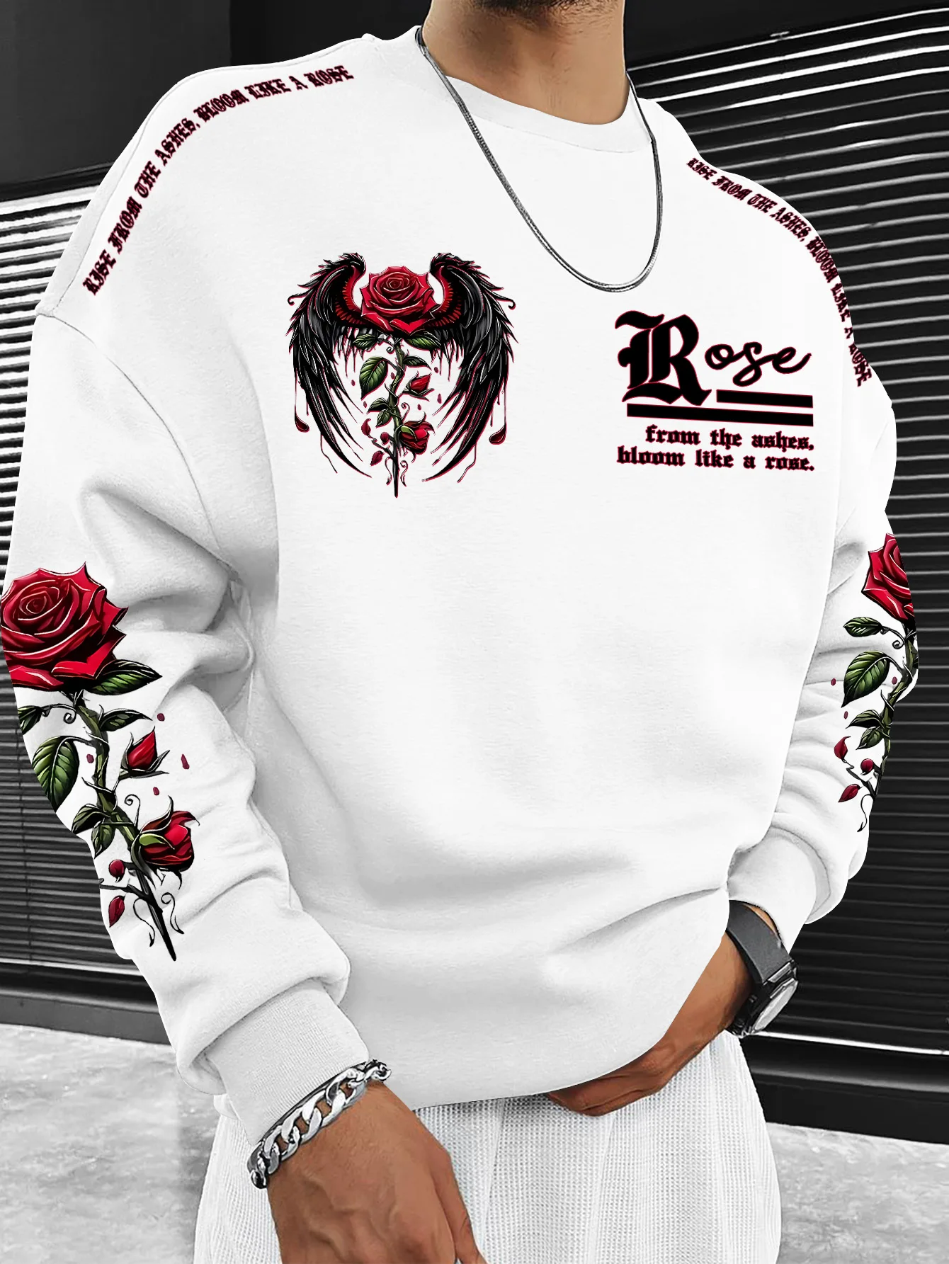 Lässiges Herren-Langarmshirt mit Rundhalsausschnitt, Sweatshirt mit Rosenflügel-Blumen-Slogan-Grafikdruck, S-XXL – Detail 2
