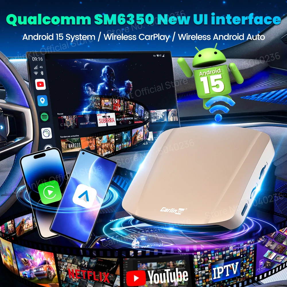 กล่อง CarlinKit CarPlay Ai Box รุ่นใหม่ ปี 2025 รองรับ Ultra-5G ระบบ Android 15 ชิปเซ็ต SM6350 หน่วยความจำ 8GB+256GB รองรับ Wireless CarPlay และ Android Auto สำหรับดู Netflix และ IPTV