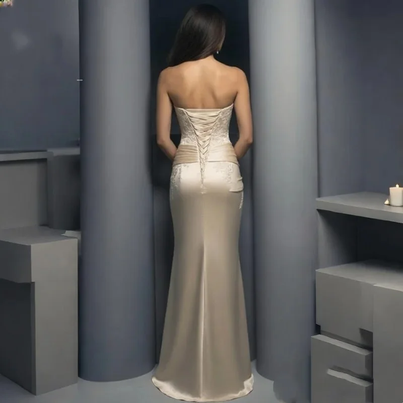 فستان سهرة نسائي من الساتان الشامبانيا أنيق طويل للحفلات مطوي فستان ضيوف الزفاف Vestdos De Fiesta لوصيفة العروس حسب الطلب