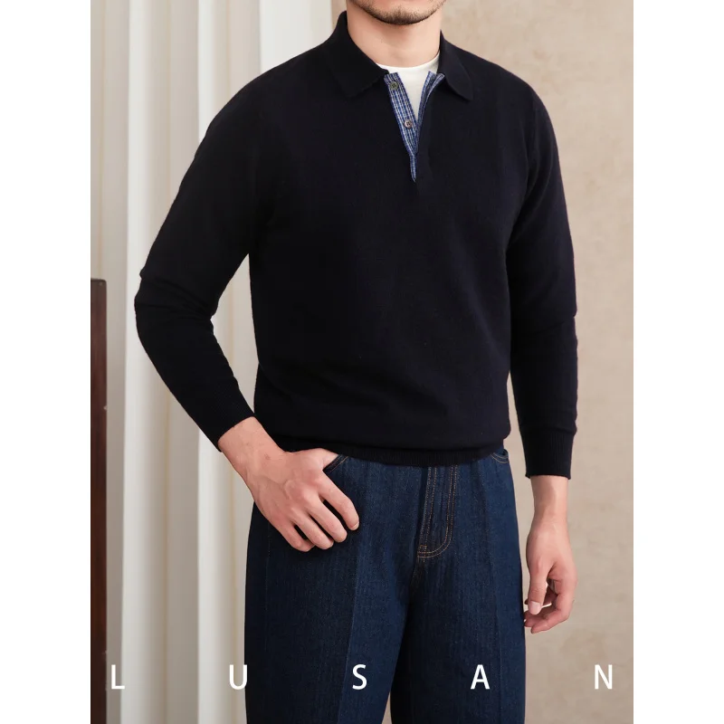 

Mr. Lu San, осенняя облегающая рубашка с отложным воротником и мериносовой шерстью, повседневная трикотажная мужская футболка в британском стиле ретро