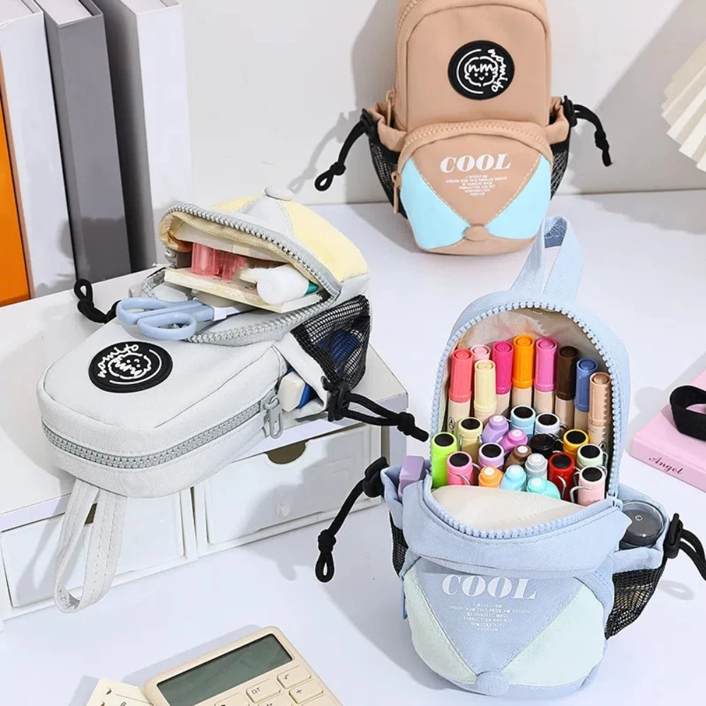 Canvas Stationery Bag Backpack Shape Large Capacity Cartoon Pen Pouch School Supplies Students Makeup Storage Bag