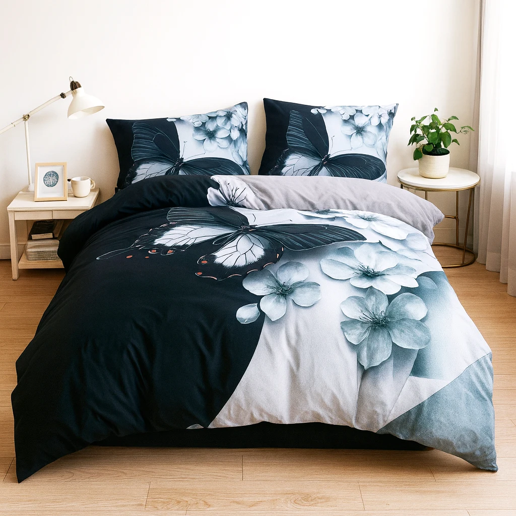 3-delige beddengoedset (1 dekbedovertrek + 2 kussenslopen, vulling niet inbegrepen), zwart en wit, bloemmotief, zacht en comfortabel.