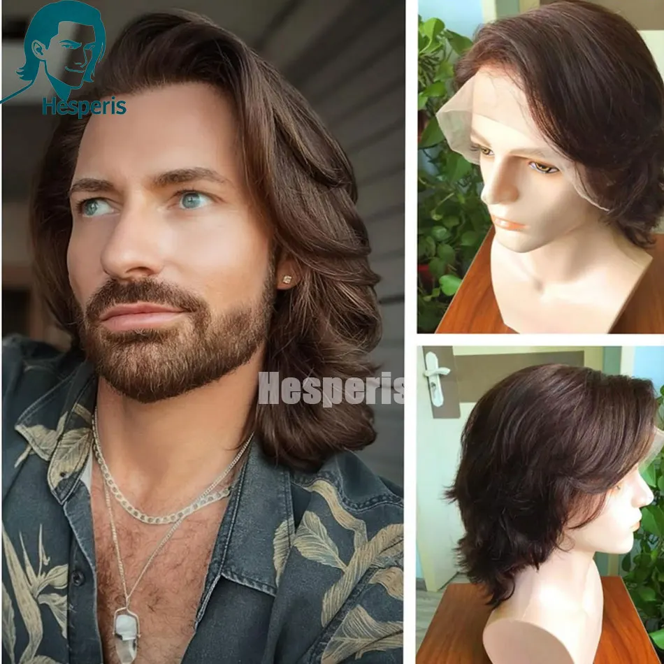 Hesperis Men Human Hair Daily Wear Brown Wigs Short Cut Wave 13x6 Lace Front Male Wigs With Side Part Pre Plucked Natural Wigs