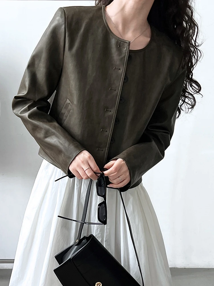 YERMORA Women Green PU Leather Button Vintage Short Jacket O-neck Long Sleeve Loose New Coat Fashion Tide Spring Autumn 2025