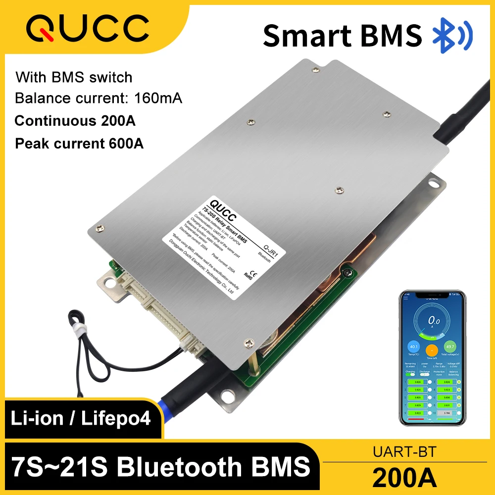 

Qucc Smart BMS Relay Contactor 7S 8S 10S 12S 13S 14S 15S 16S 17S 20S 200A Li Ion Lifepo4 BMS 24V 36V 48V 60V 72V Bluetooth App