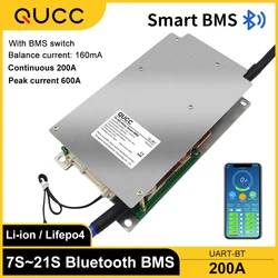 Qucc Smart BMS Relay Contactor 7S 8S 10S 12S 13S 14S 15S 16S 17S 20S 200A Li Ion Lifepo4 BMS 24V 36V 48V 60V 72V Bluetooth App