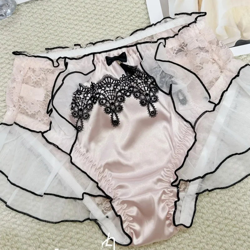 Calzoncillos Sissy de encaje con lazo transparente rojo de talla grande, ropa interior Sexy para mujer, bragas cortas, bragas de cintura alta, ropa interior