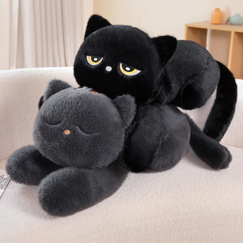 New Super Cool Big Size Black Gray Kitten Plush Doll Soft Comfy Lie Prone Cat Plush Throw Pillow Back Pillow Cute Home Decor