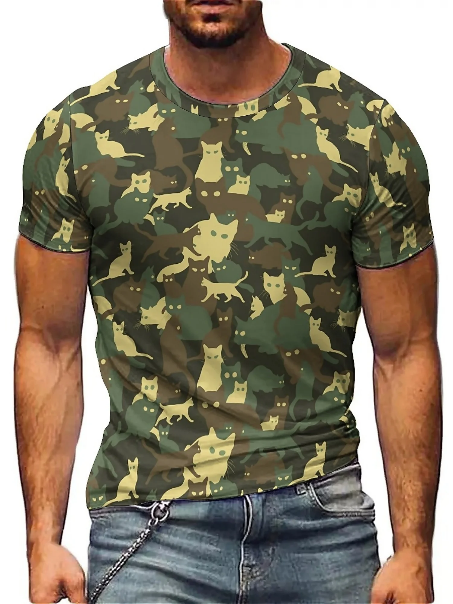 Men's Retro Y2K Camouflage T-Shirt with 3D Geometric Cat Print - Full-Body Outdoor Fitness Running Tee, Breathable