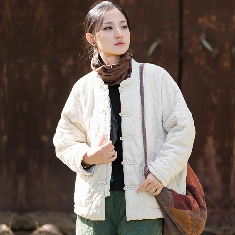 Women's Loose Fit Short Cotton Jacket Autumn Winter Chinese Style Artistic Retro Warm Cotton Coat Linen Mixed Material