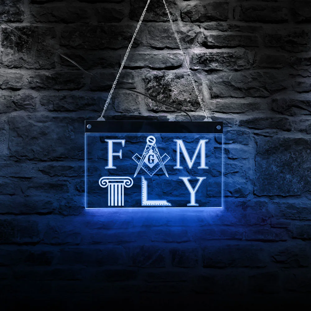 Masonic Family LED Lighted Sign For Living Room Freemason Symbols Emblem Lamp Electric Display Sign Home Decor Housewarming Gift