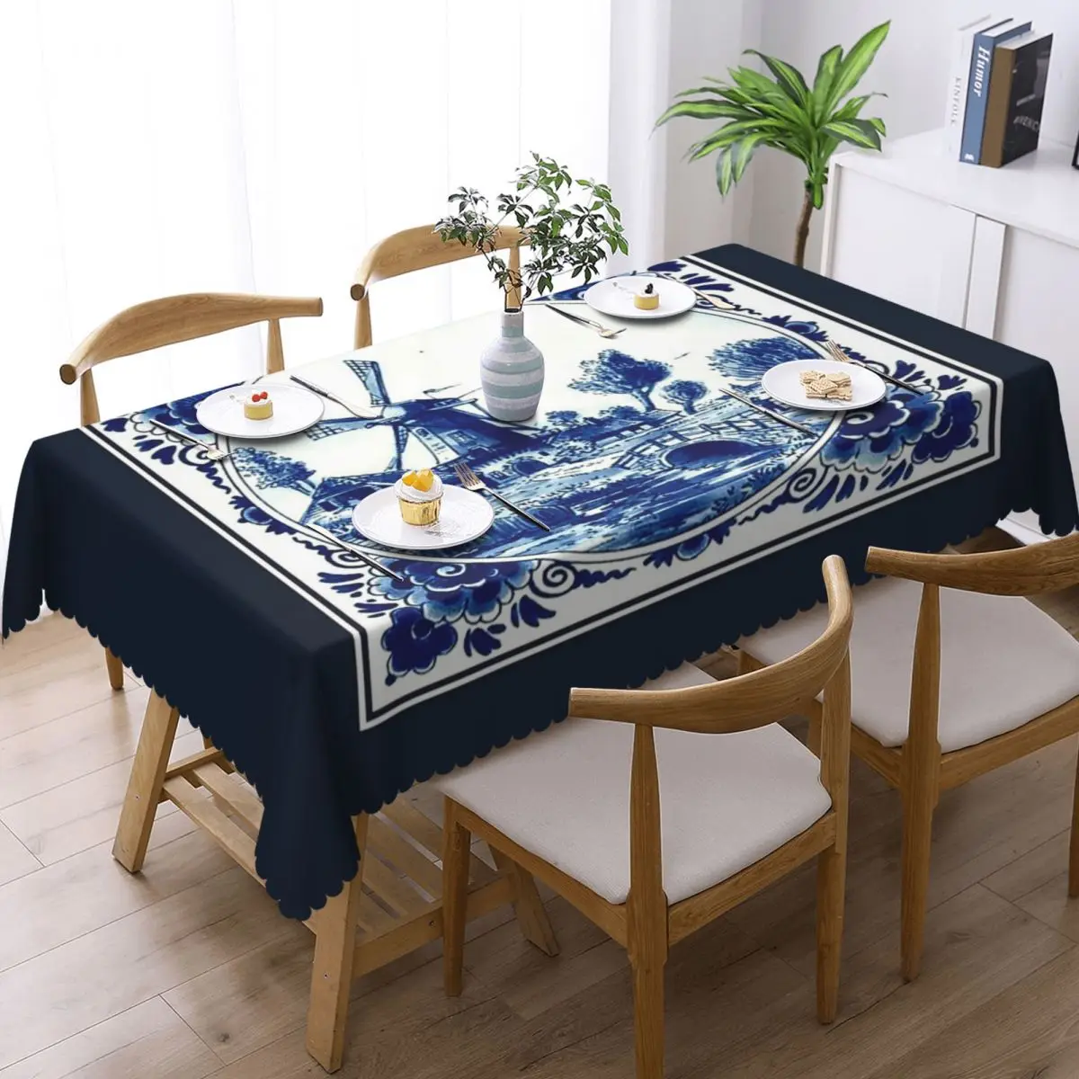 DUTCH BLUE DELFT Vintage Windmill And Bridge Print Rectangular Tablecloth Oilproof Table Cover for Dining Events Table Cloth
